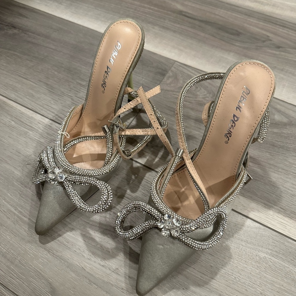 Public Desire Silver and Sage Green Stiletto Heels with Knot Detail